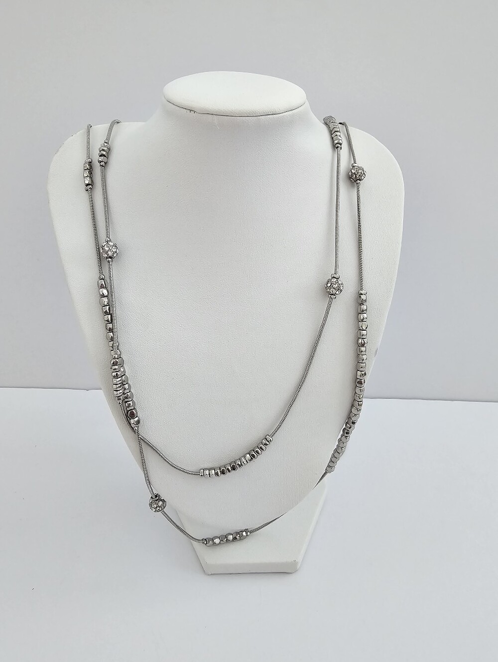 Chico's Silver Tone Layered Snake Chain Rhinestone Rondelle Station Necklace